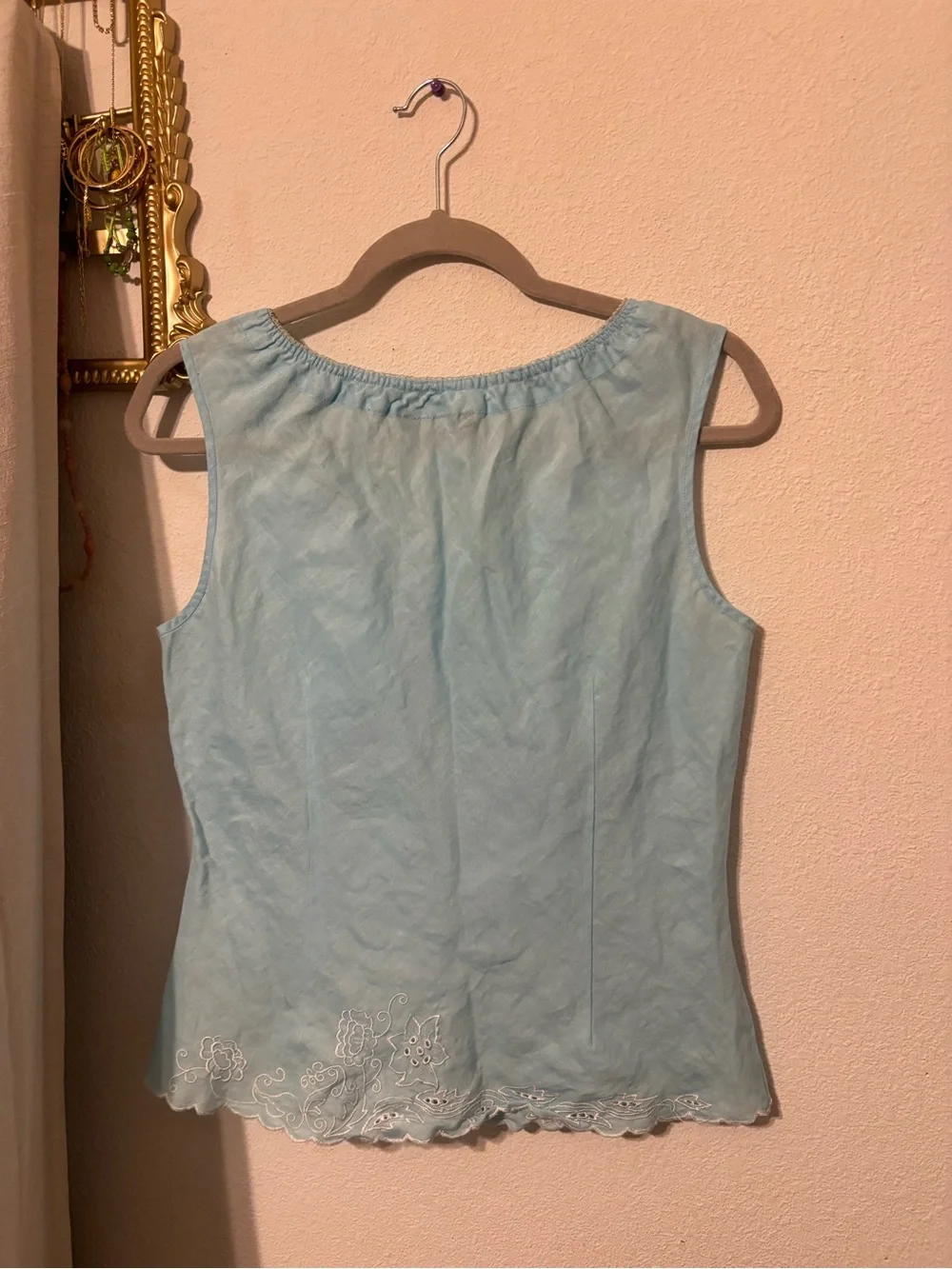 Cliopatra Light Blue Embroidered Linen-Blend Tank